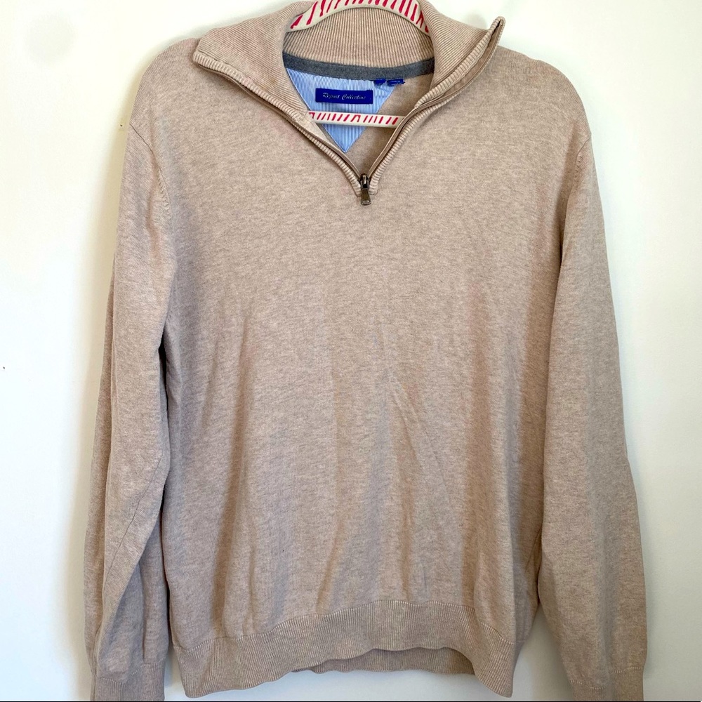 Report Collection Men’s Beige Pullover Sweater with Quarter Zip
